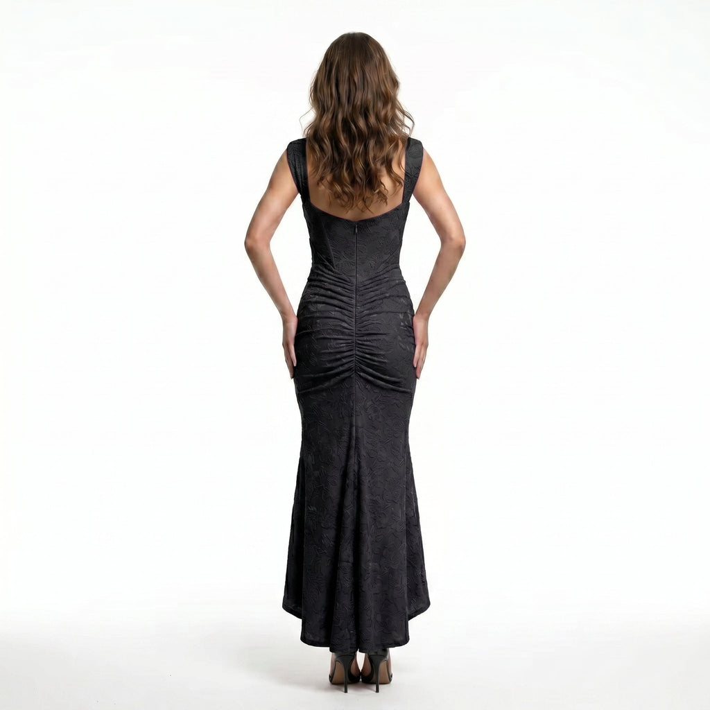 black-damask-mermaid-gown-back-model-calypso-contour
