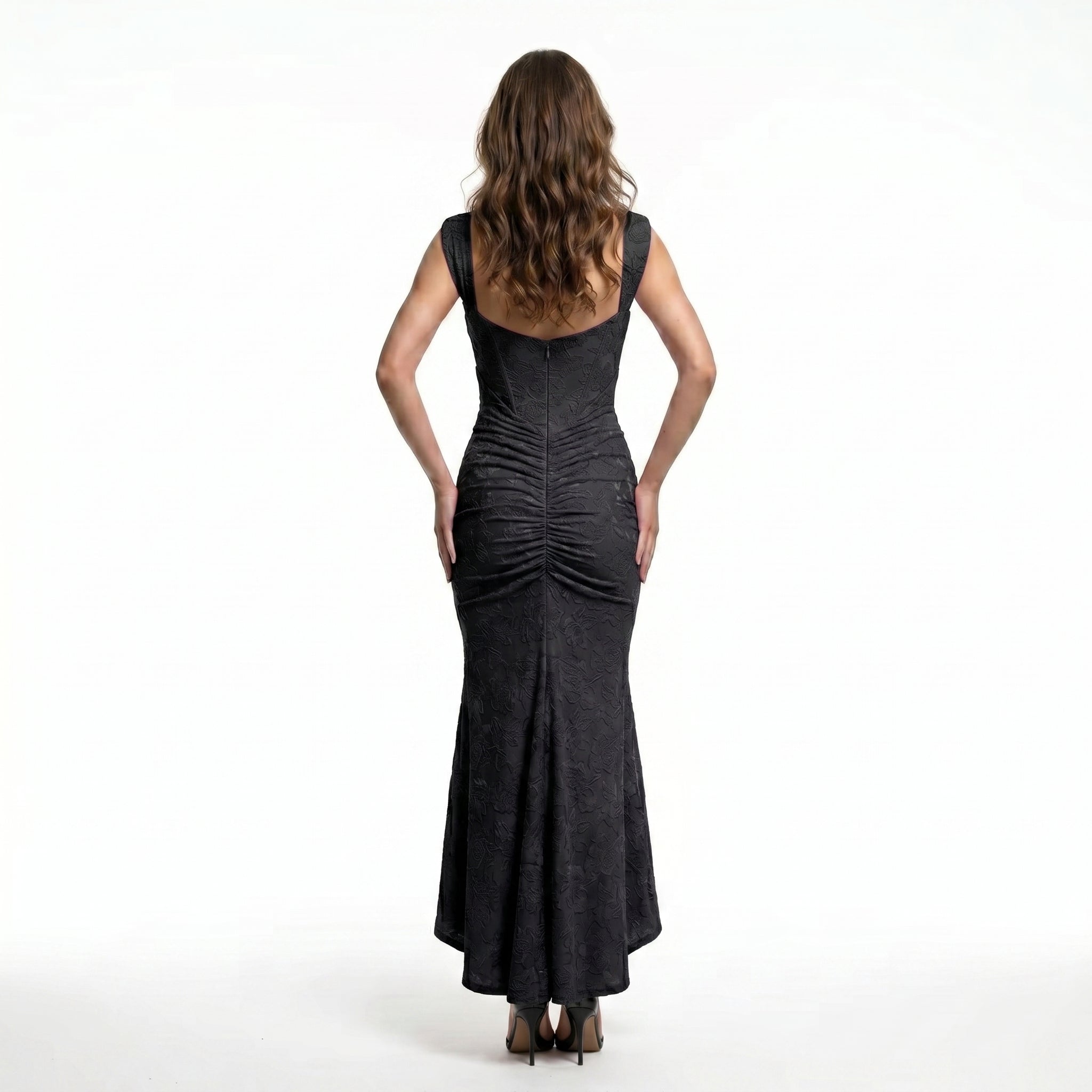 black-damask-mermaid-gown-back-model-calypso-contour