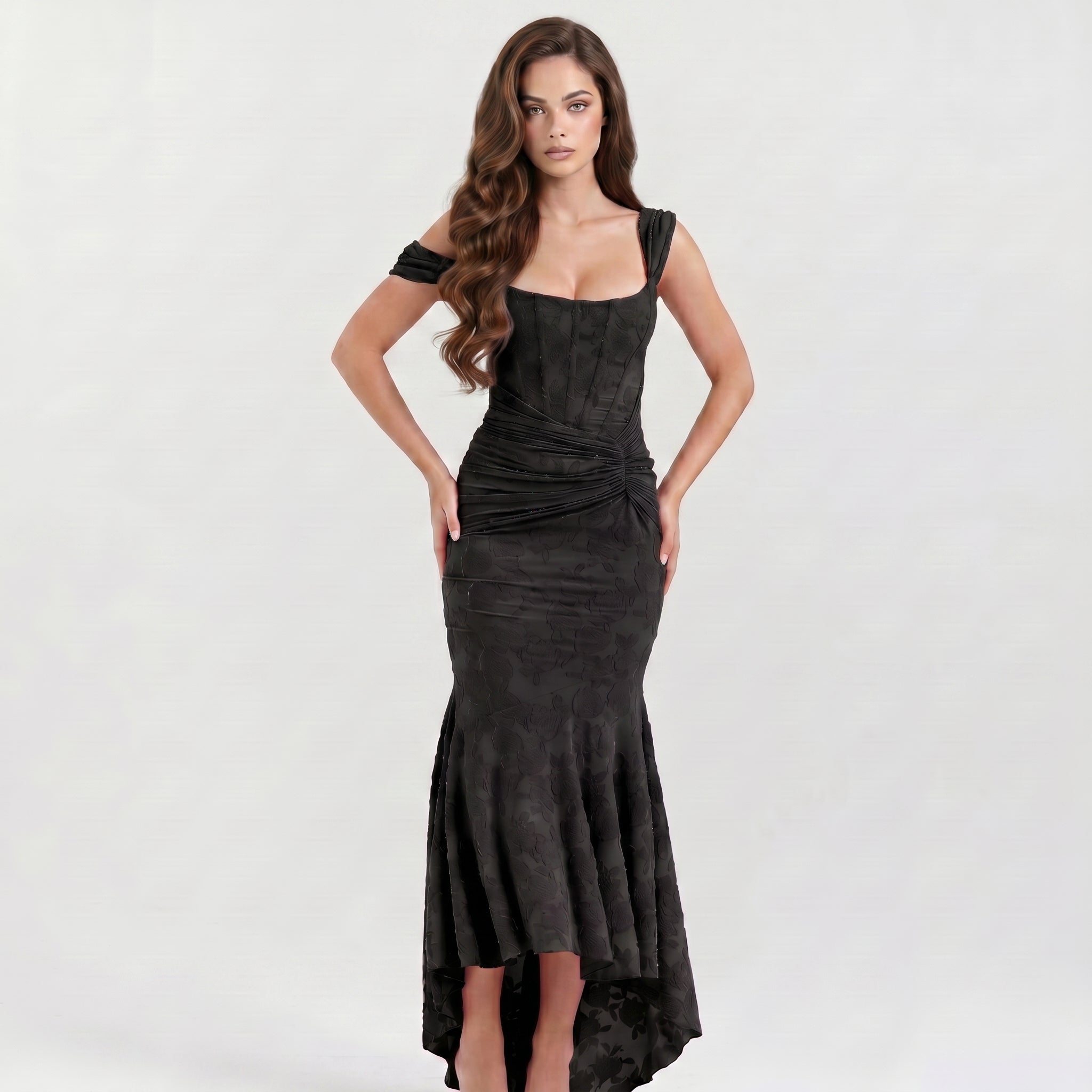 black-damask-mermaid-gown-front-model-calypso-contour