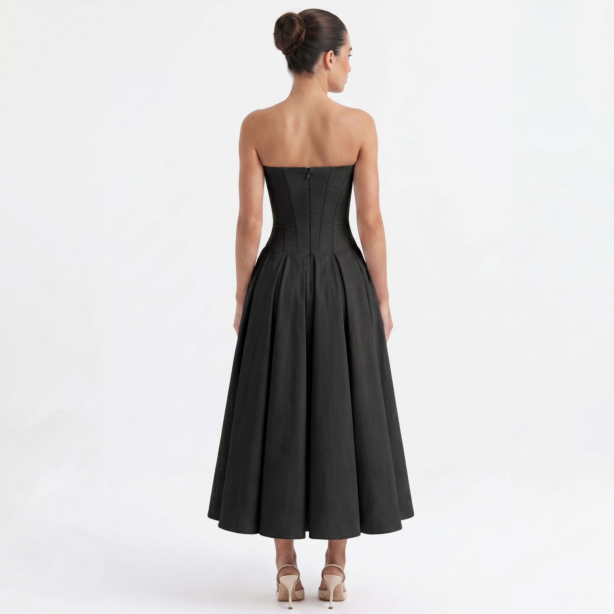 black-polyester-corset-midi-dress-back-model-eos-radiance