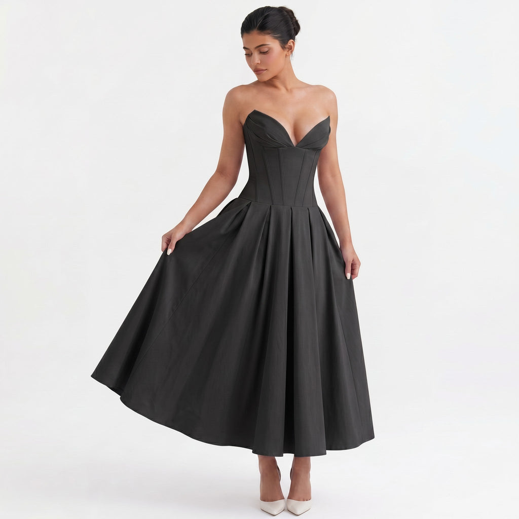black-polyester-corset-midi-dress-feature-detail-eos-radiance