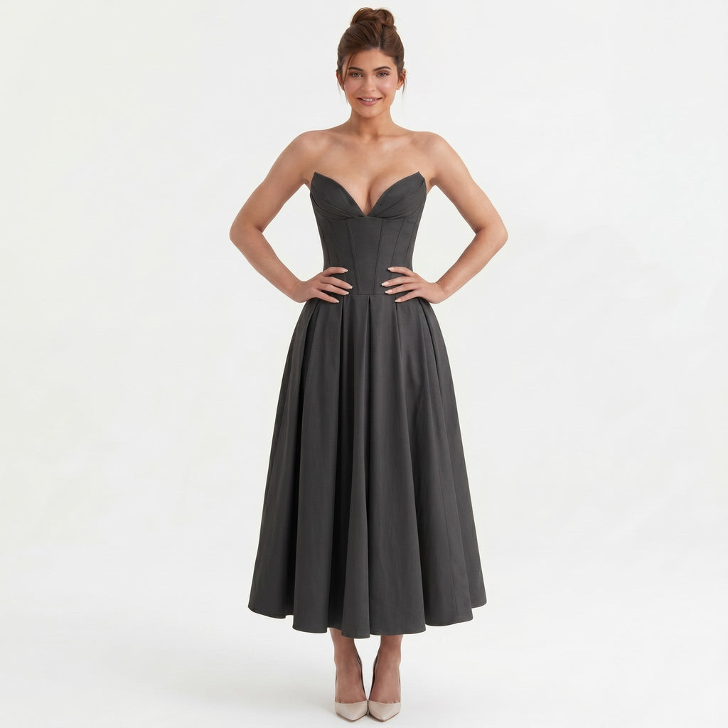 black-polyester-corset-midi-dress-front-model-eos-radiance