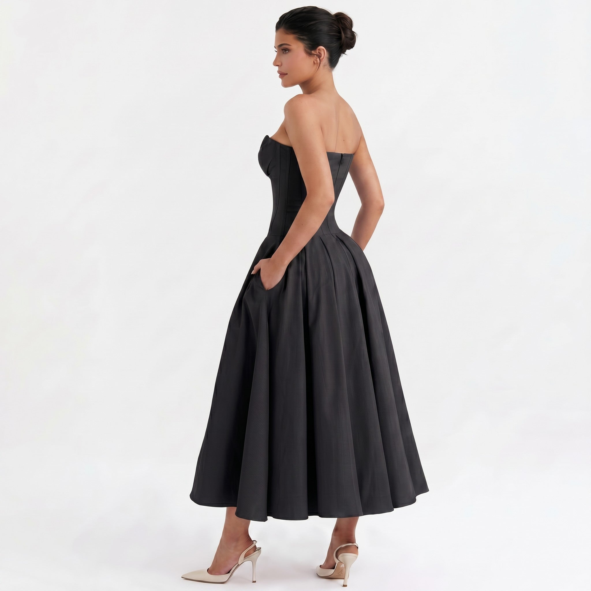 black-polyester-corset-midi-dress-side-model-eos-radiance