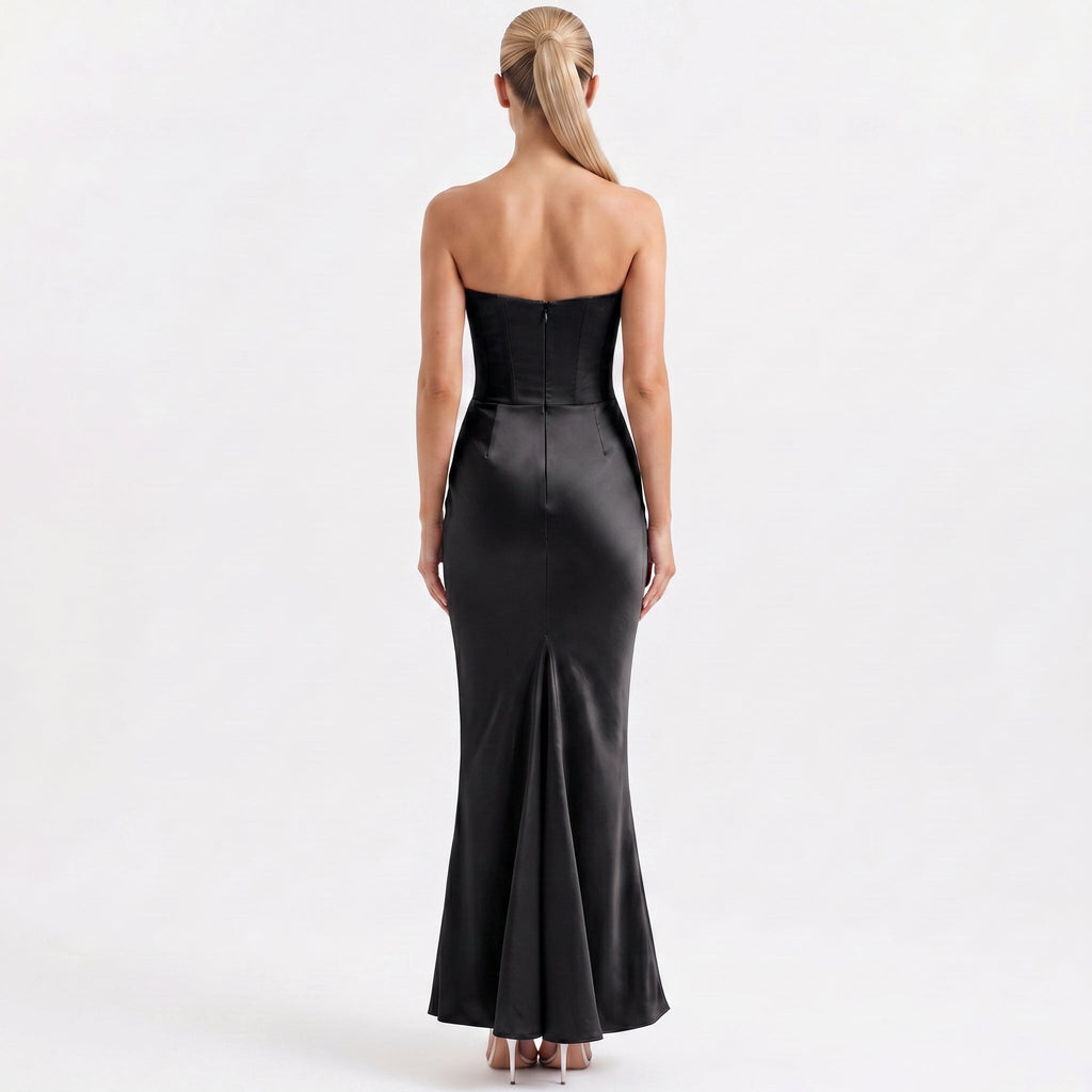 black-satin-corset-maxi-dress-back-model-aphrodite-allure