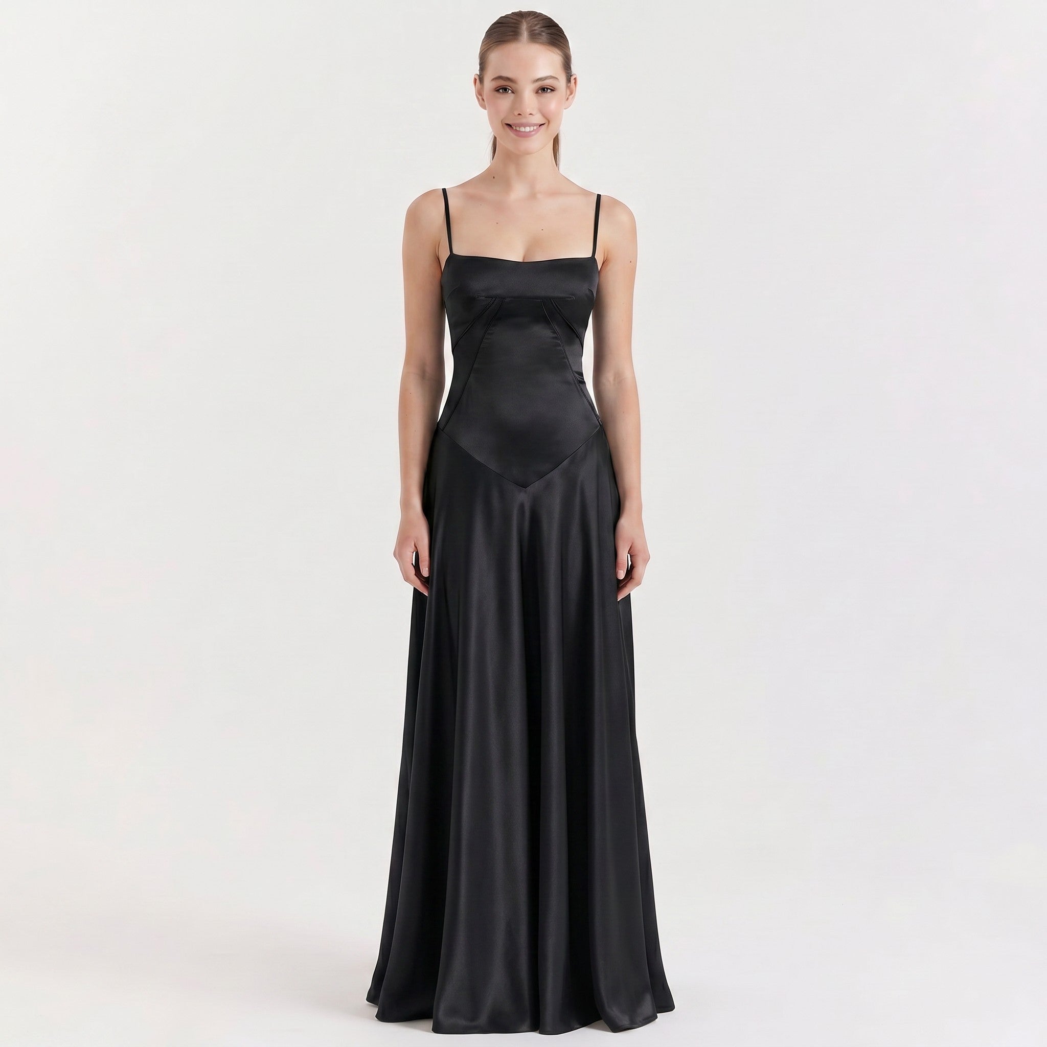 black-satin-maxi-gown-front-model-urania-radiance