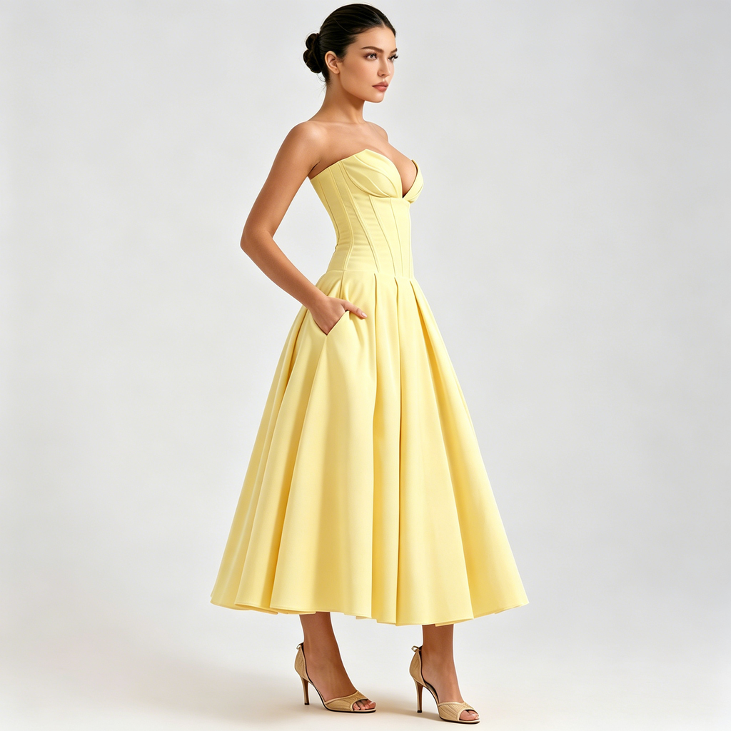 butter-yellow-corset-midi-dress-side-model