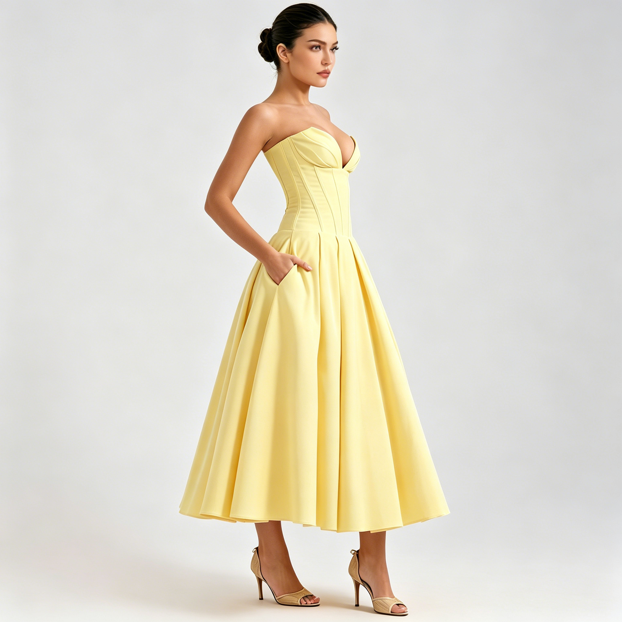 butter-yellow-corset-midi-dress-side-model