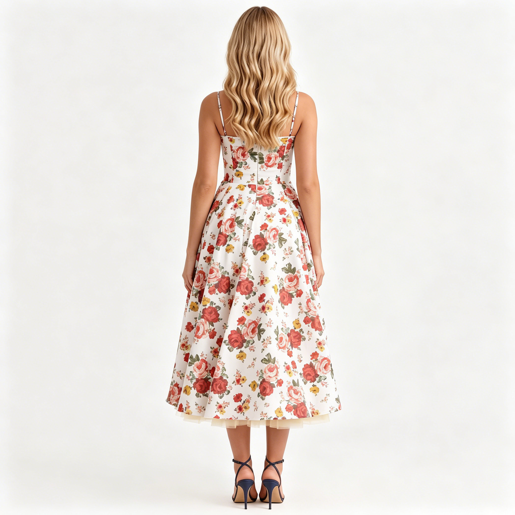 floral-satin-a-line-midi-dress-back-model-juno-muse