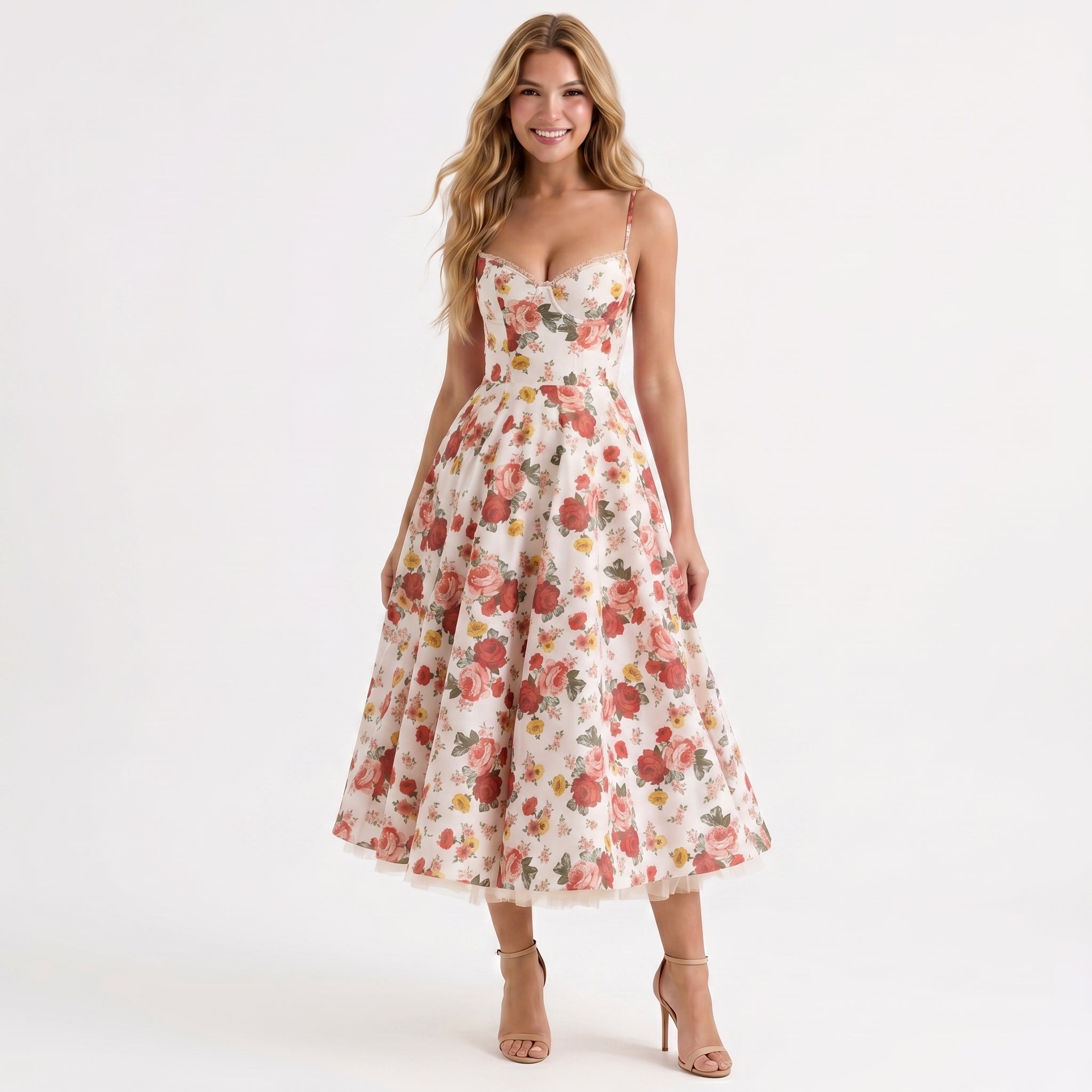 floral-satin-a-line-midi-dress-front-model-juno-muse