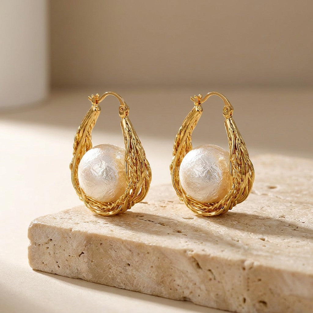 gold-plated-pearl-knot-earrings-model-side-luna-knot