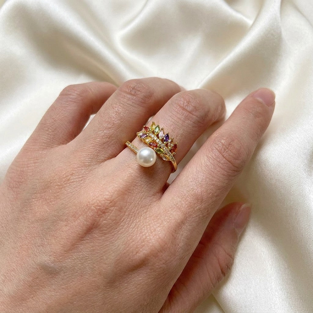 multicolor-pearl-moissanite-gold-plated-brass-ring-lifestyle-elegant-outfit-silkfrost-symphony