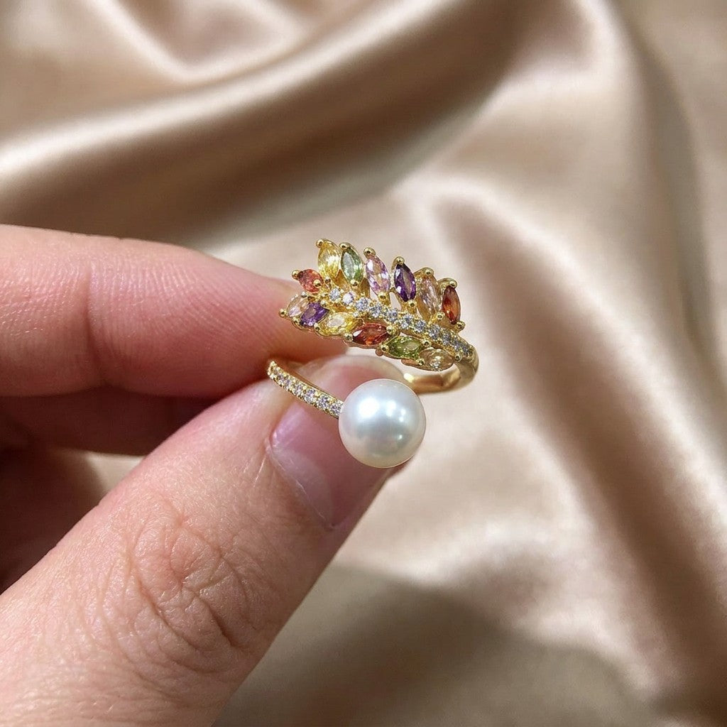 multicolor-pearl-moissanite-gold-plated-brass-ring-on-hand-silkfrost-symphony