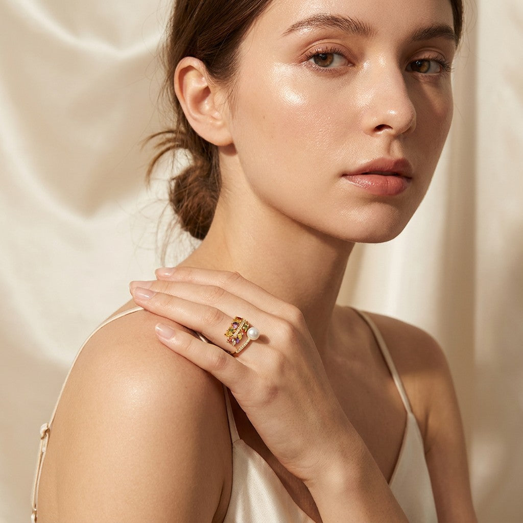 multicolor-pearl-moissanite-gold-plated-brass-ring-stacking-style-silkfrost-symphony