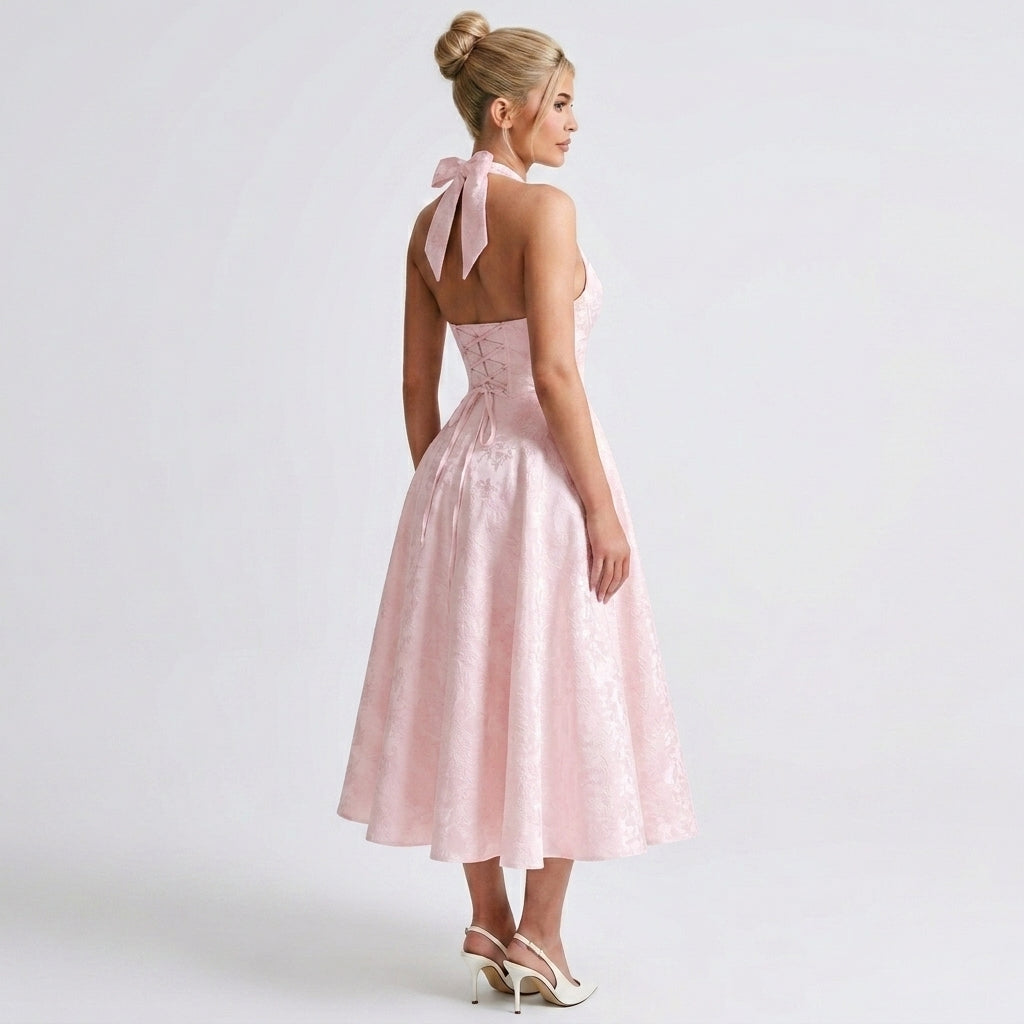 pink-jacquard-halter-midi-dress-side-model-alcestis-grace