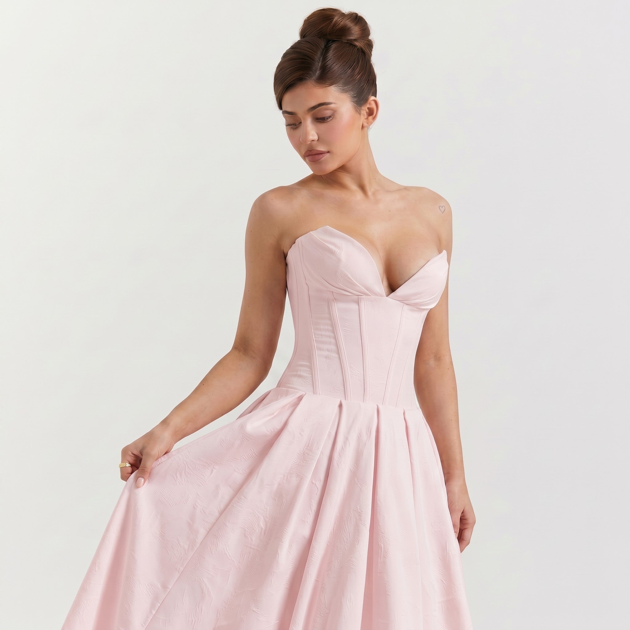 pink-polyester-corset-midi-dress-feature-detail-eos-radiance