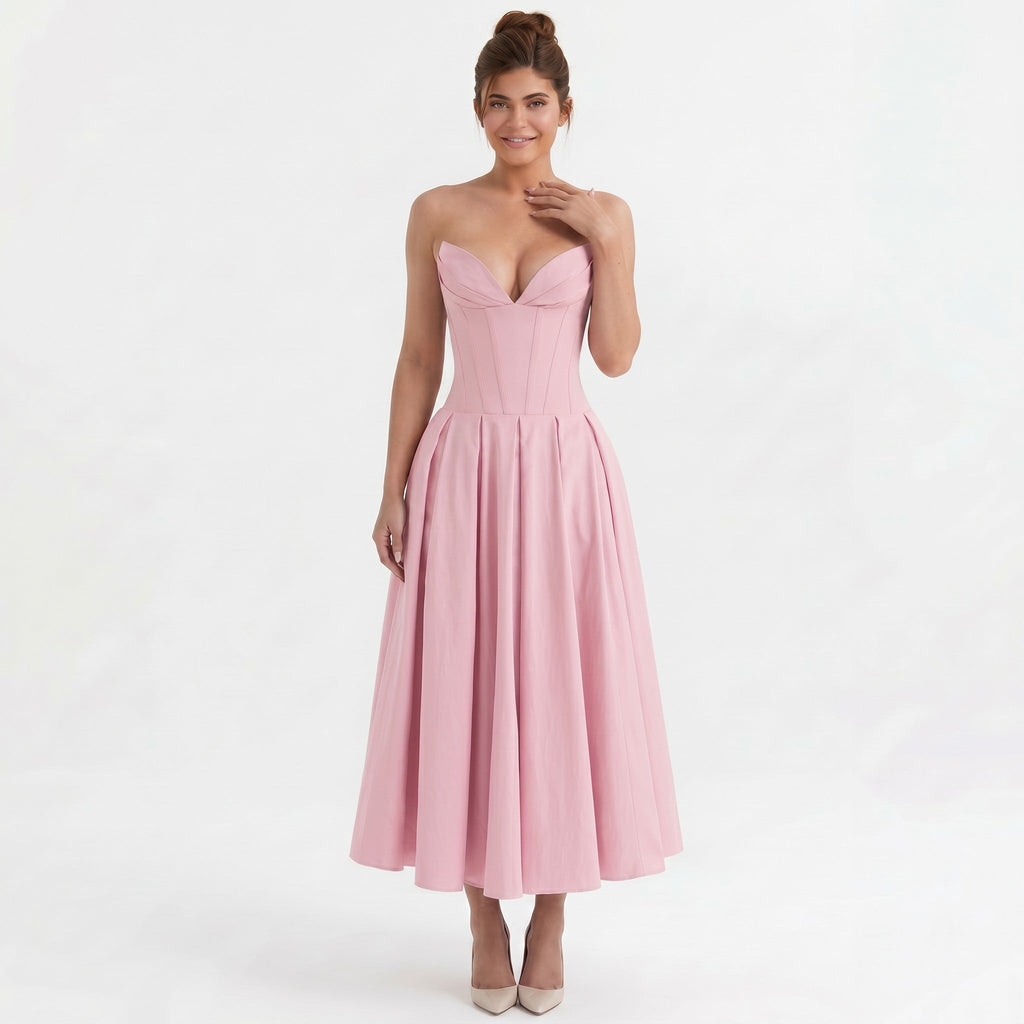 pink-polyester-corset-midi-dress-front-model-eos-radiance