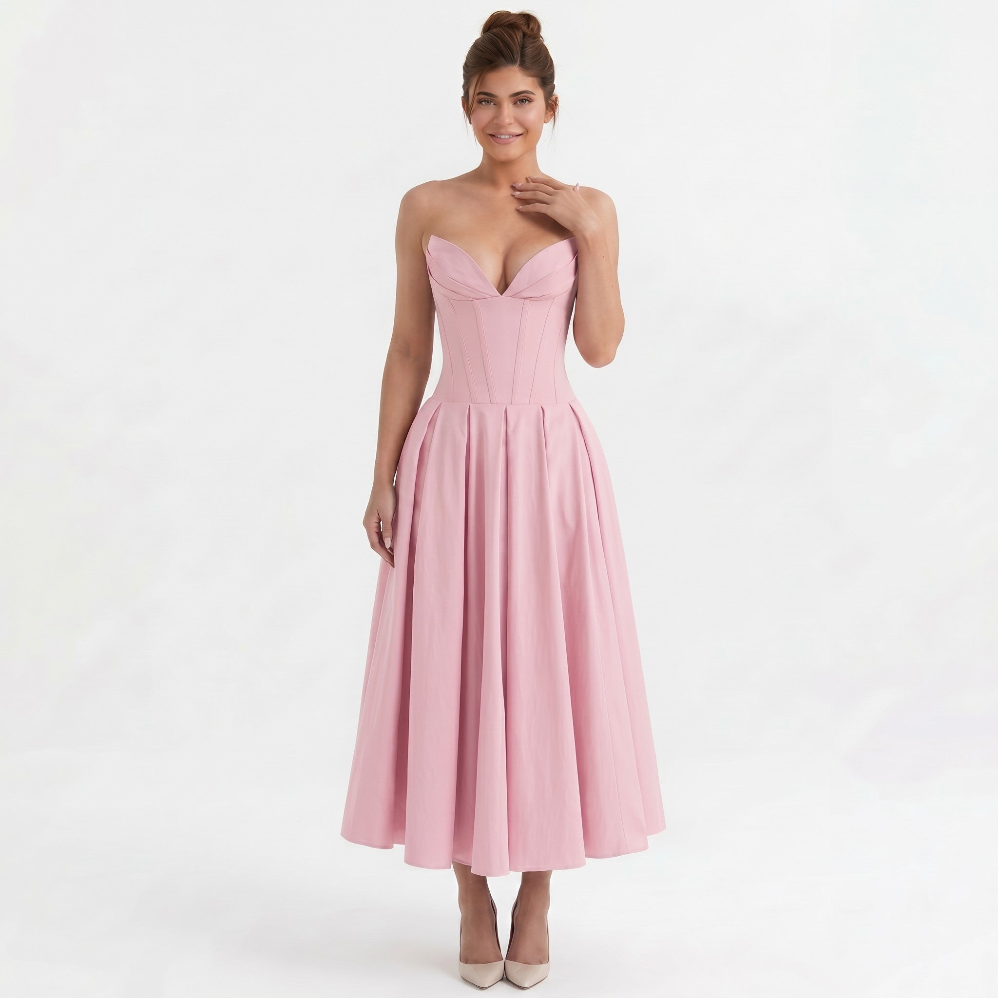 pink-polyester-corset-midi-dress-front-model-eos-radiance