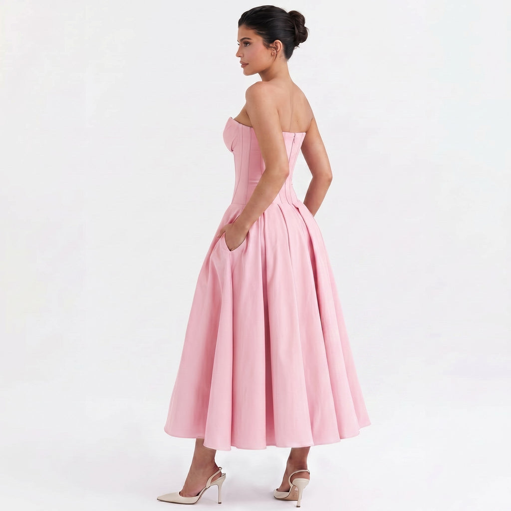 pink-polyester-corset-midi-dress-side-model-eos-radiance