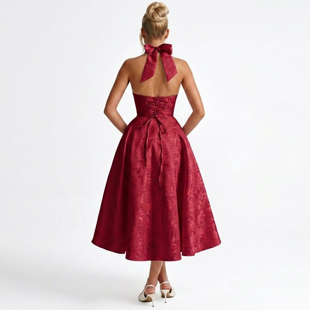 red-jacquard-halter-midi-dress-back-model-alcestis-grace