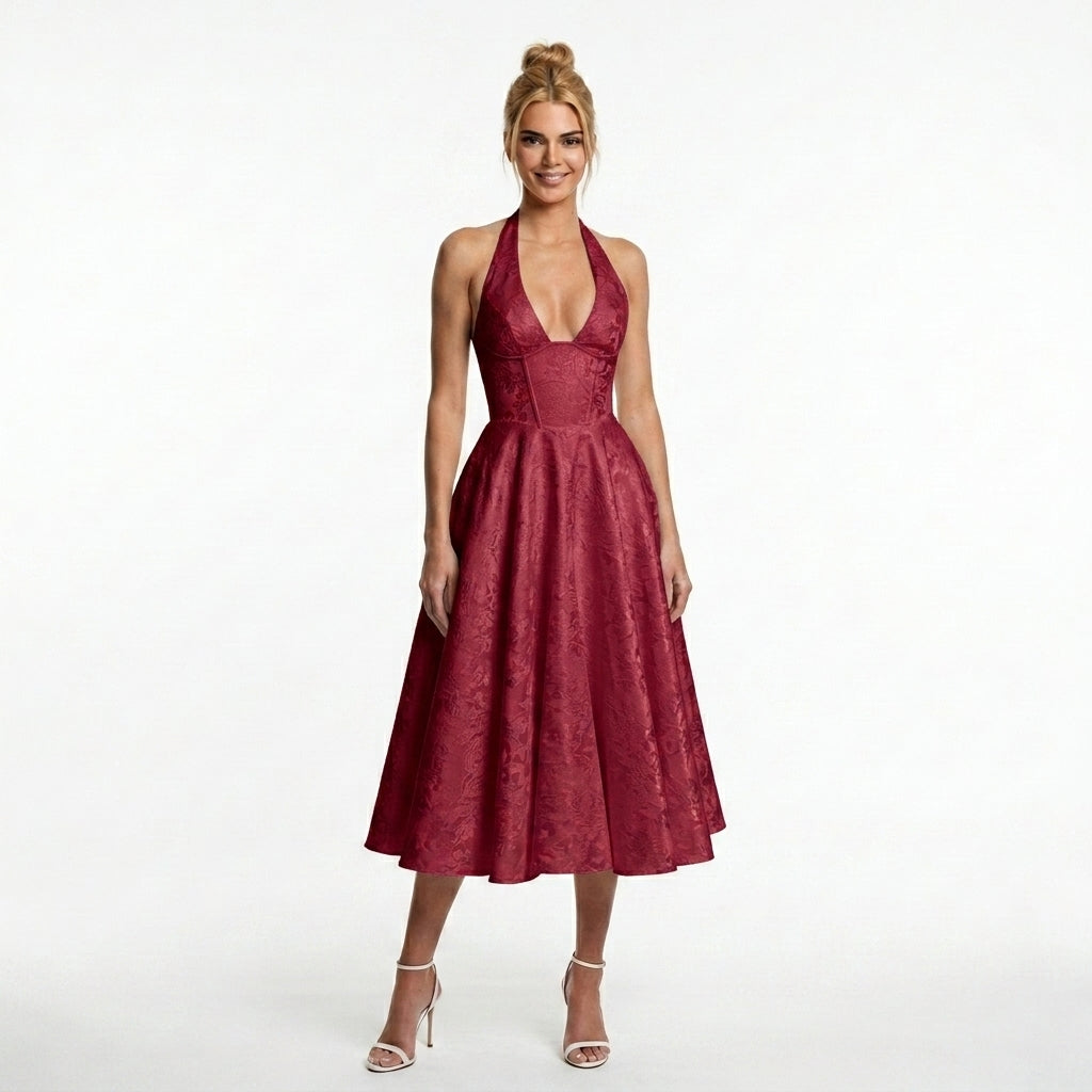 red-jacquard-halter-midi-dress-front-model-alcestis-grace