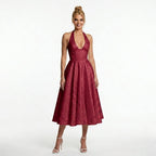 red-jacquard-halter-midi-dress-front-model-alcestis-grace