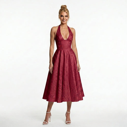 red-jacquard-halter-midi-dress-front-model-alcestis-grace