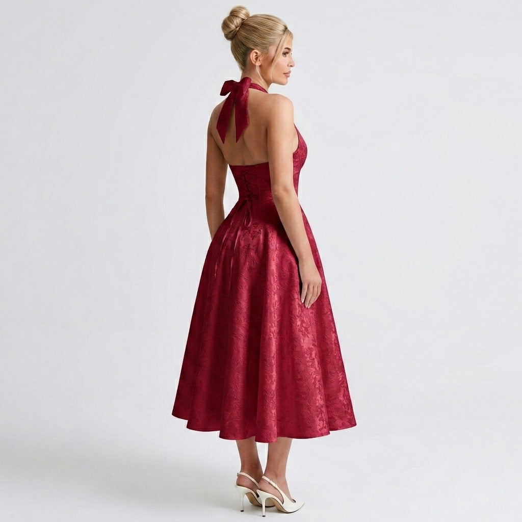 red-jacquard-halter-midi-dress-side-model-alcestis-grace