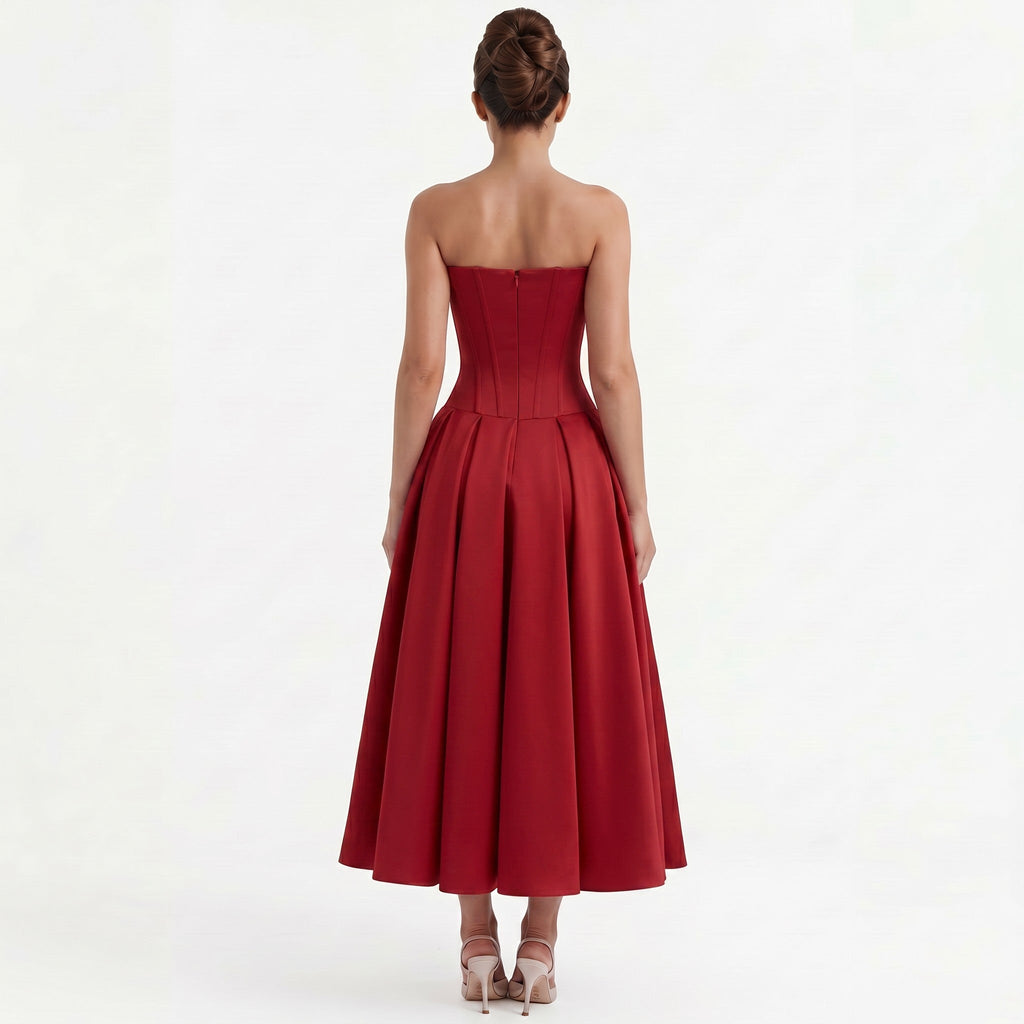 red-polyester-corset-midi-dress-back-model-eos-radiance