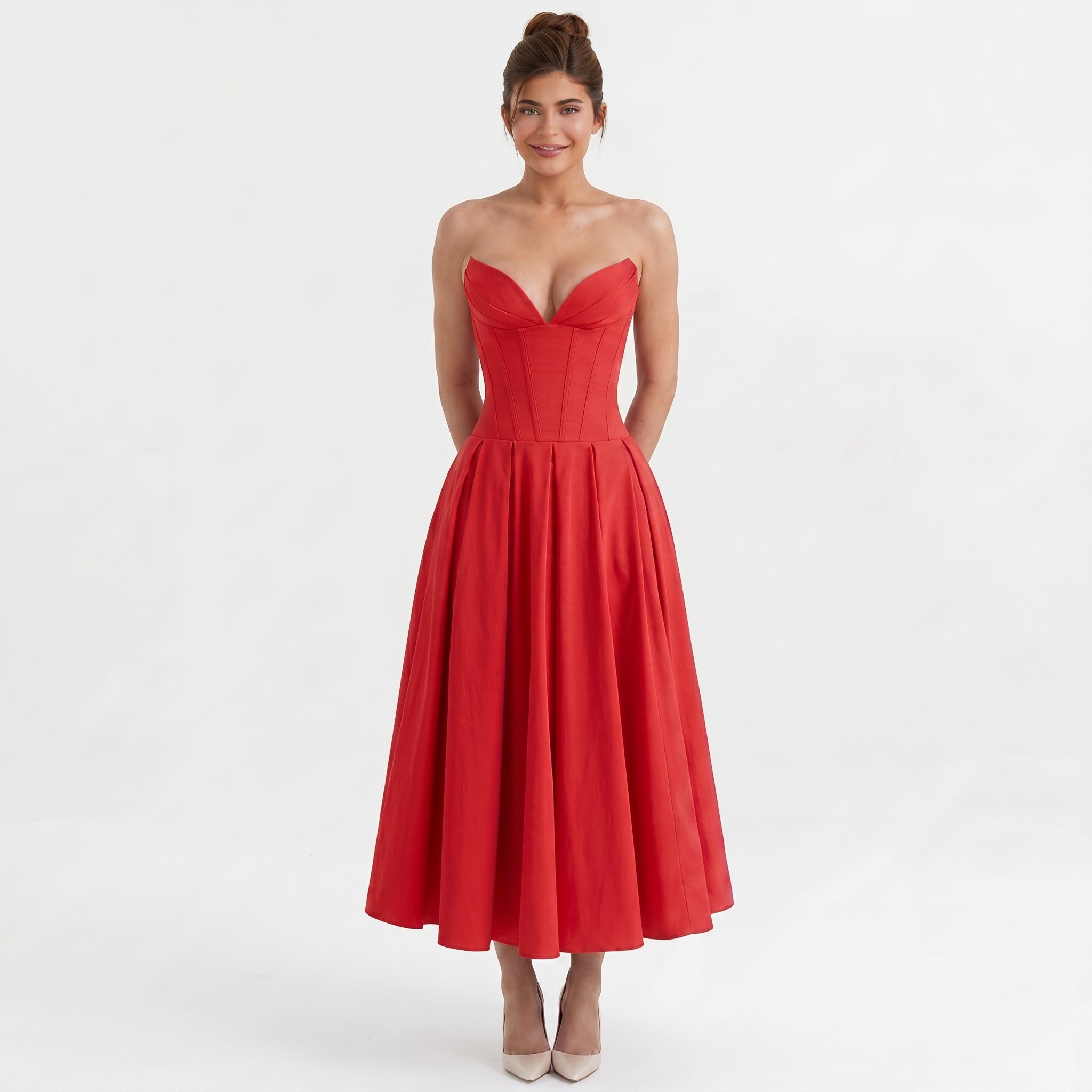 red-polyester-corset-midi-dress-front-model-eos-radiance