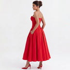 red-polyester-corset-midi-dress-side-model-eos-radiance