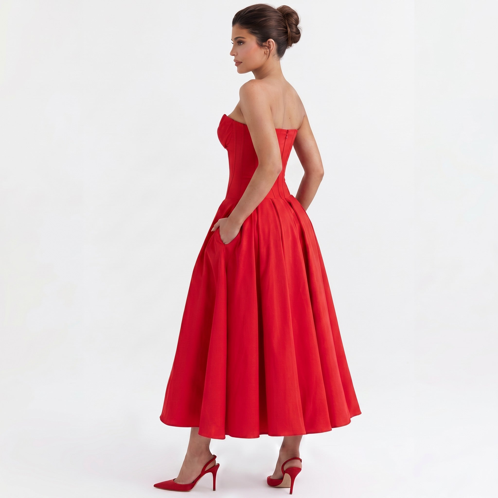 red-polyester-corset-midi-dress-side-model-eos-radiance