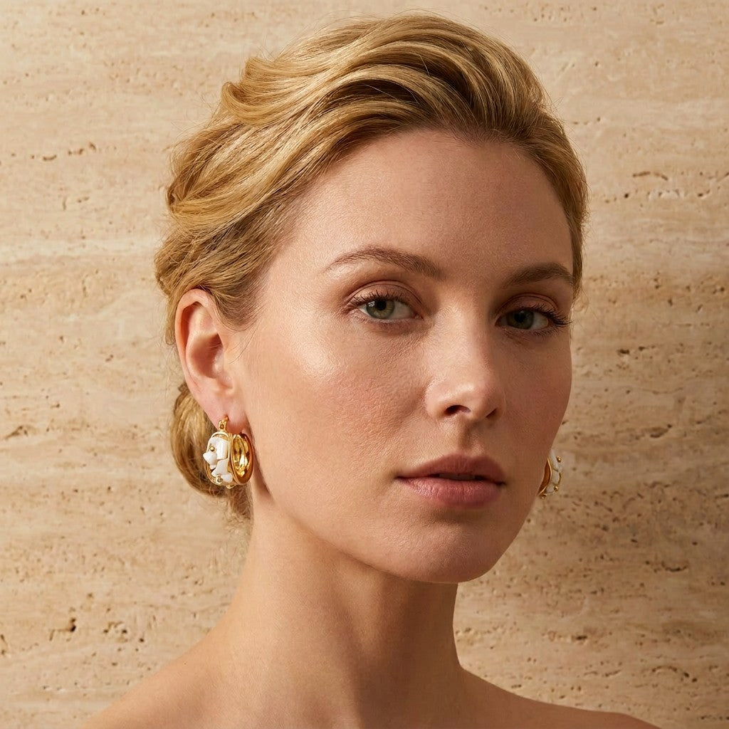 white-gold-shell-hoop-earring-front-model-aura-shell