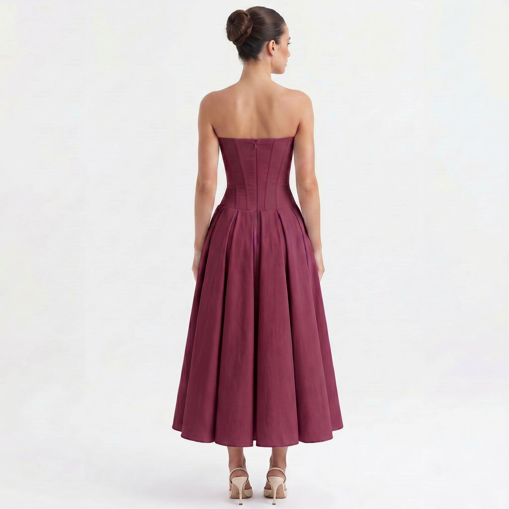 wine-polyester-strapless-midi-dress-back-model-eos-radiance