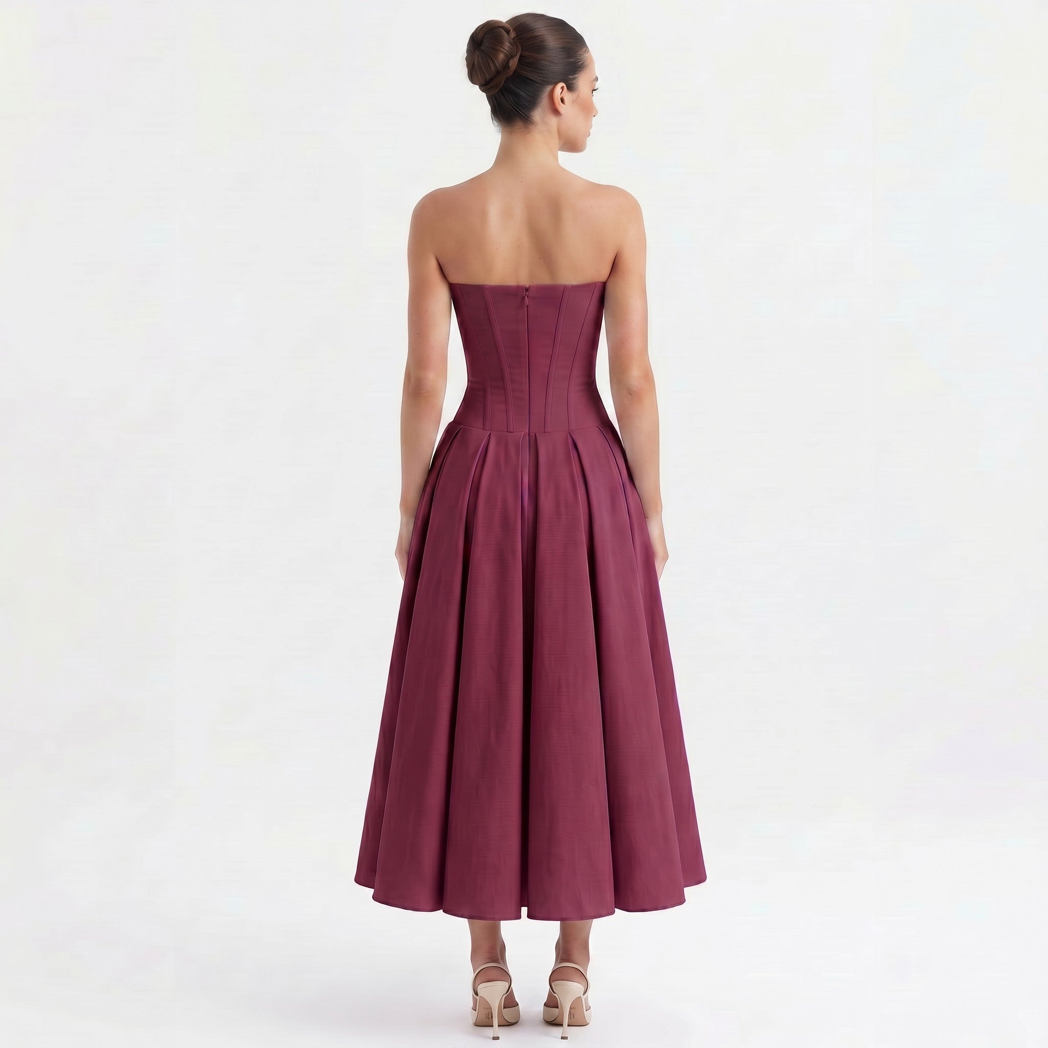 wine-polyester-strapless-midi-dress-back-model-eos-radiance