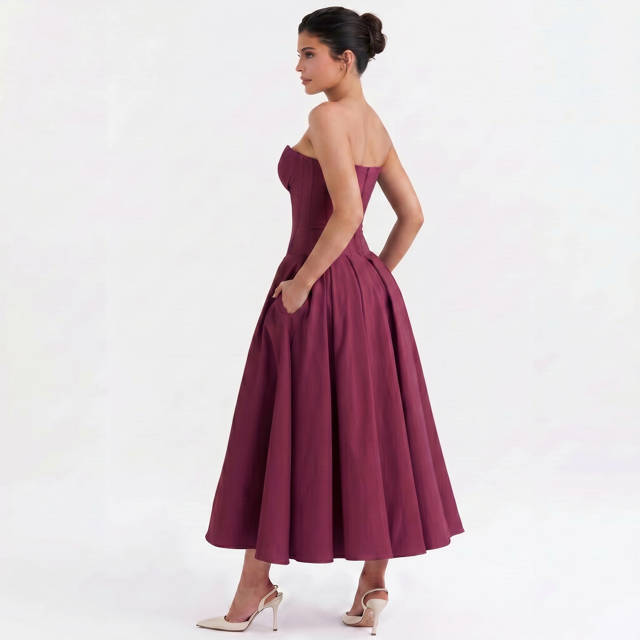 wine-polyester-strapless-midi-dress-side-model-eos-radiance