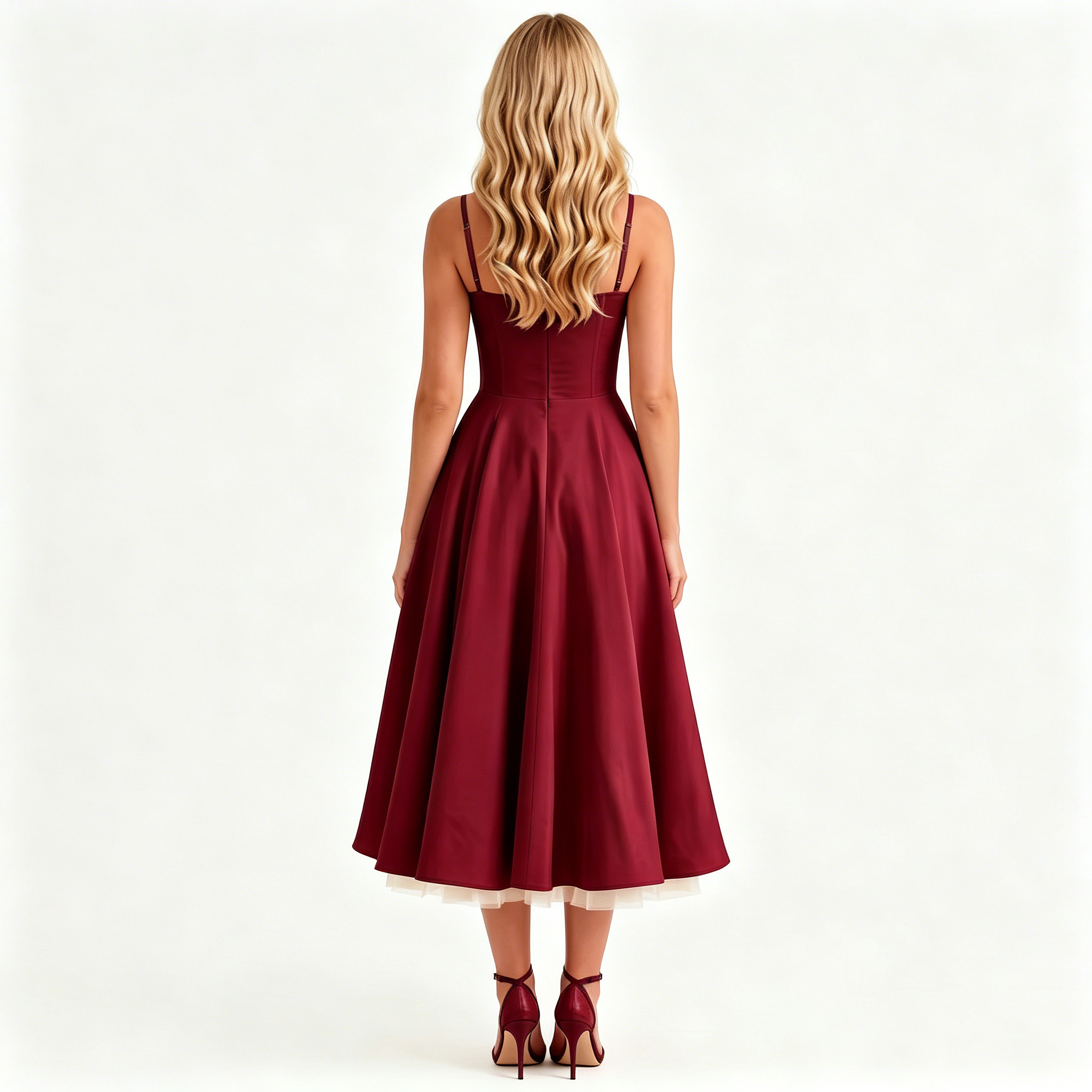 wine-satin-a-line-midi-dress-back-model-juno-muse