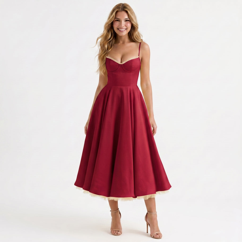 wine-satin-a-line-midi-dress-front-model-juno-muse
