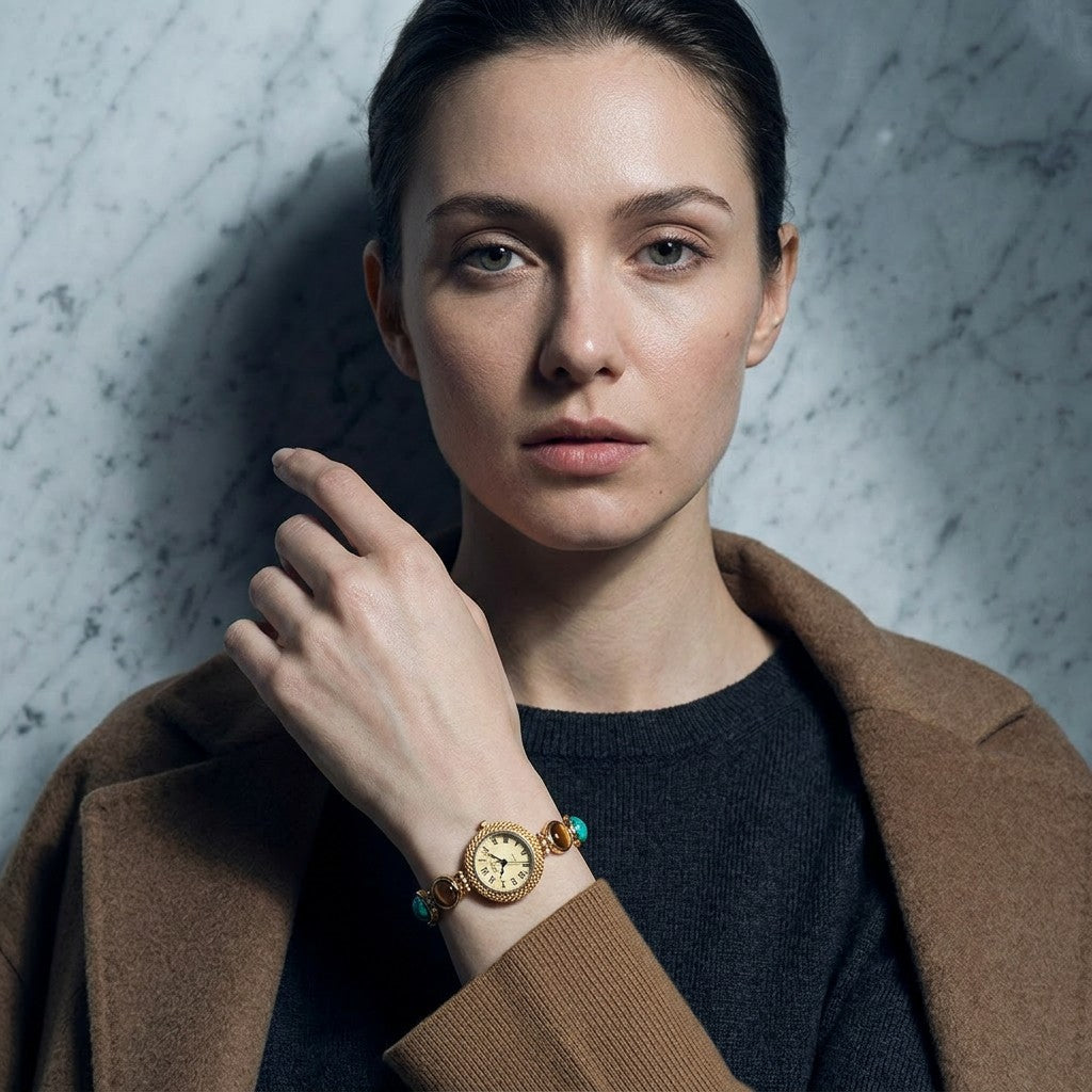 women-gold-beaded-watch-model-display-aria-celestial